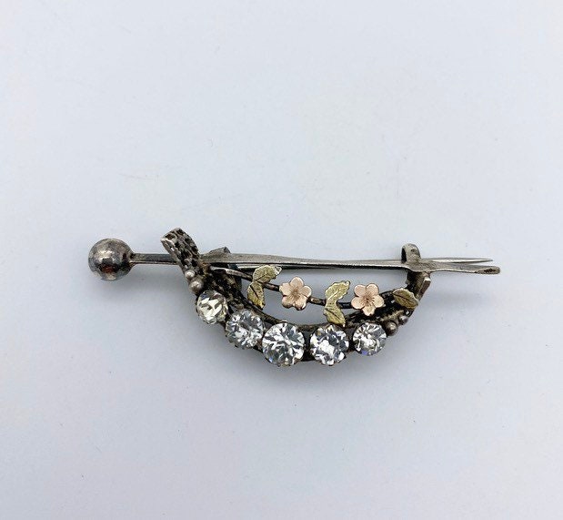 Antique Victorian metal brooch, dainty floral silver brooch