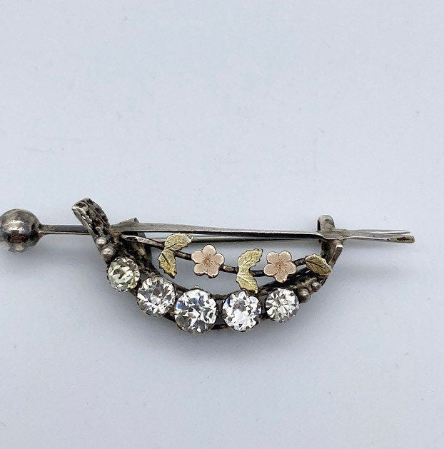 Antique Victorian metal brooch, dainty floral silver brooch