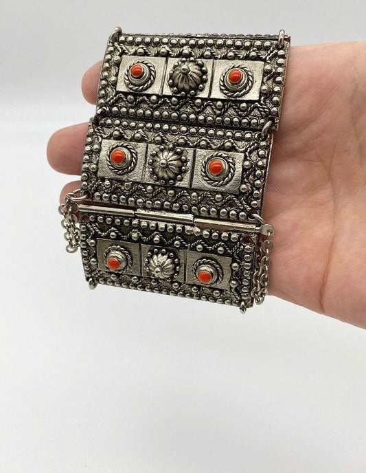 Vintage Eastern wide bangle,  silver tone cuff with stones