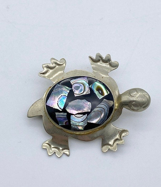 Vintage Alpaca silver Mexican turtle brooch with mother of pearl