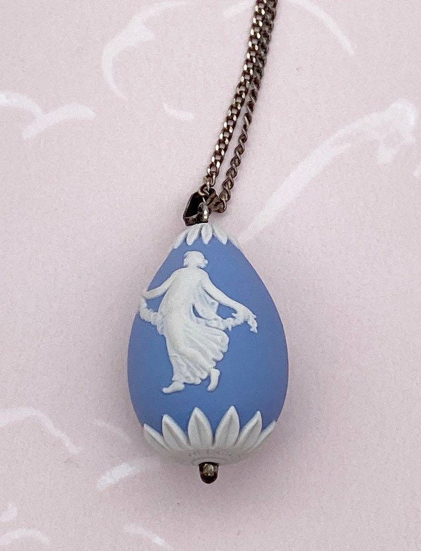 Vintage Wedgwood blue Jasperware egg pendant on silver chain necklace