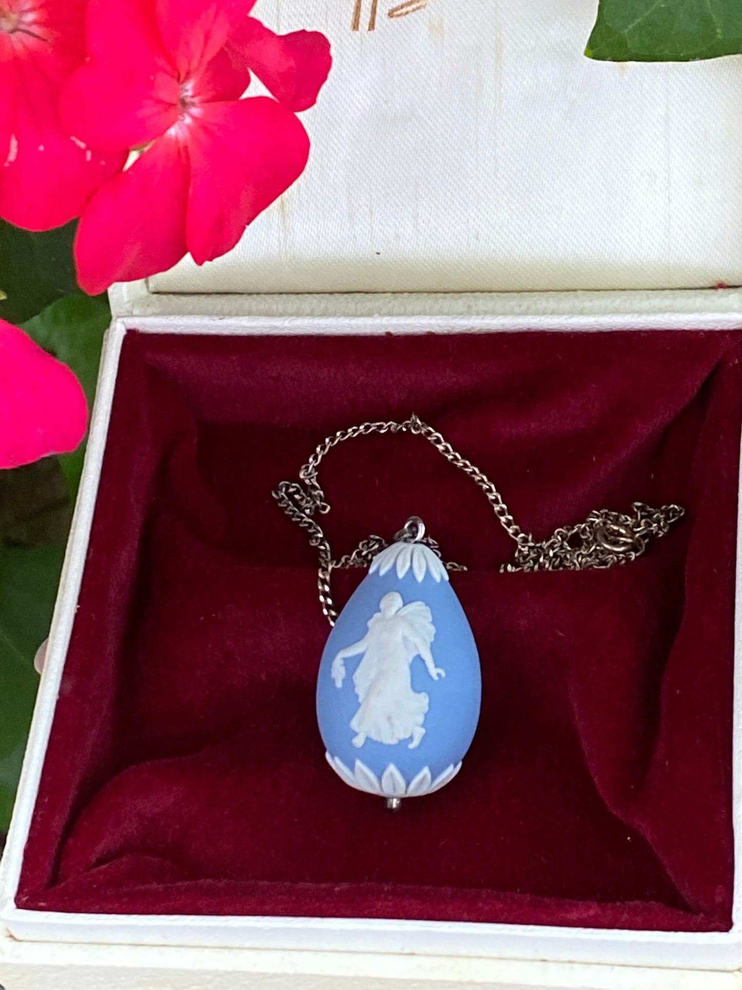 Vintage Wedgwood blue Jasperware egg pendant on silver chain necklace