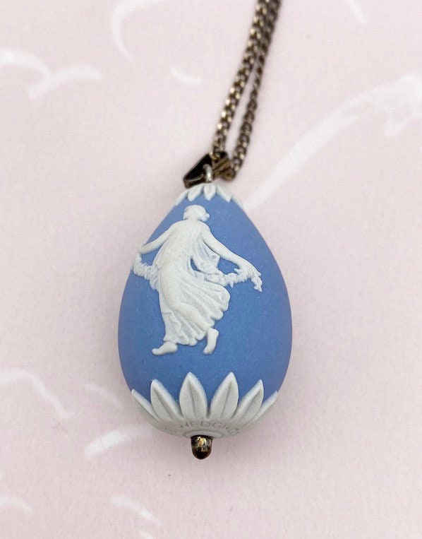 Vintage Wedgwood blue Jasperware egg pendant on silver chain necklace