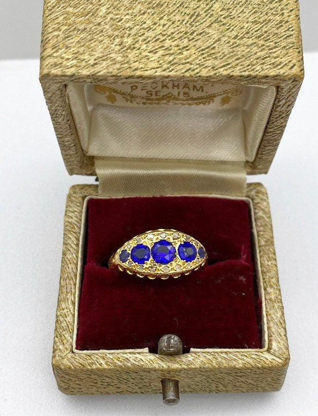 Antique 18ct gold sapphire doublet and diamond ring size O1/2 ( US 7.5)