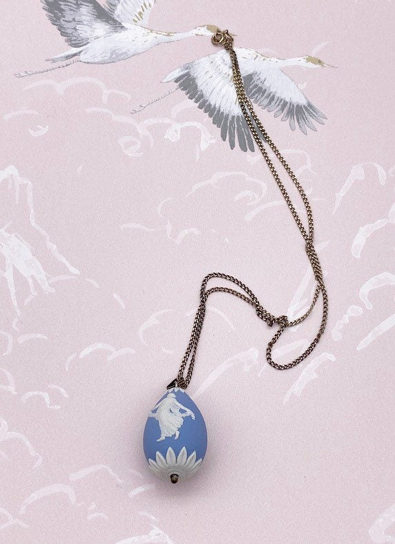 Vintage Wedgwood blue Jasperware egg pendant on silver chain necklace