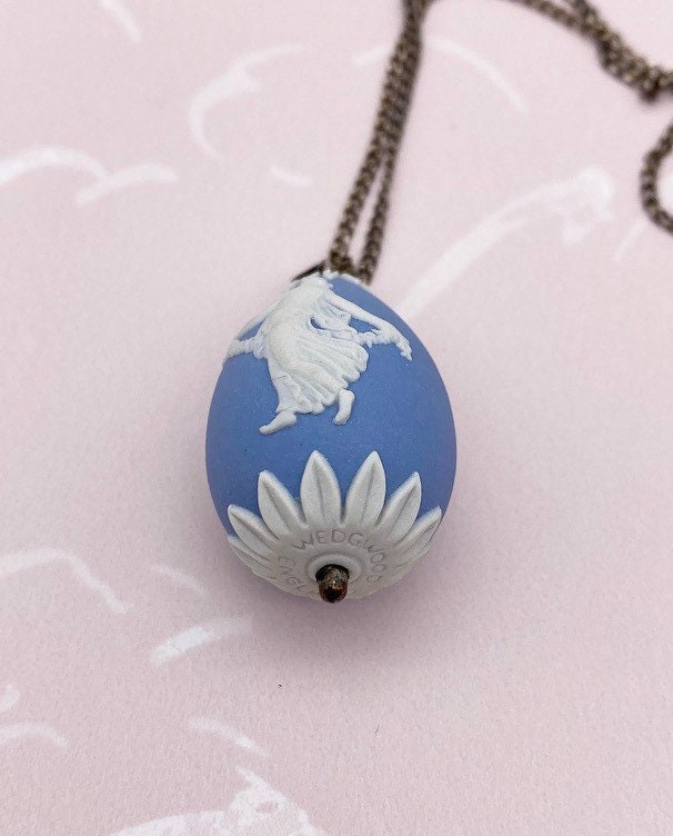 Vintage Wedgwood blue Jasperware egg pendant on silver chain necklace