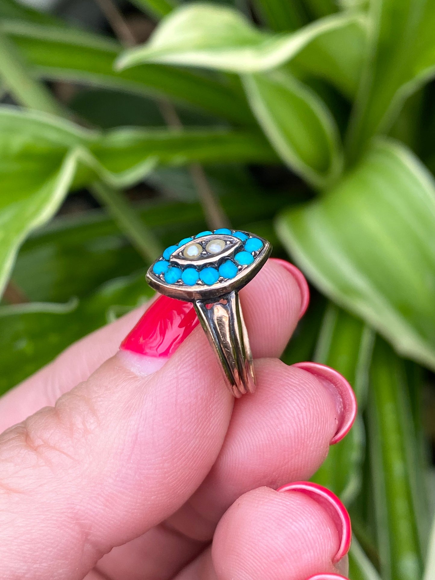 Antique 9ct gold turquoise and seed pearls ring size I 1/2 4.5