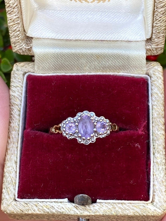 Vintage 9ct gold amethyst and diamond multi stone ring size L 1/2 6