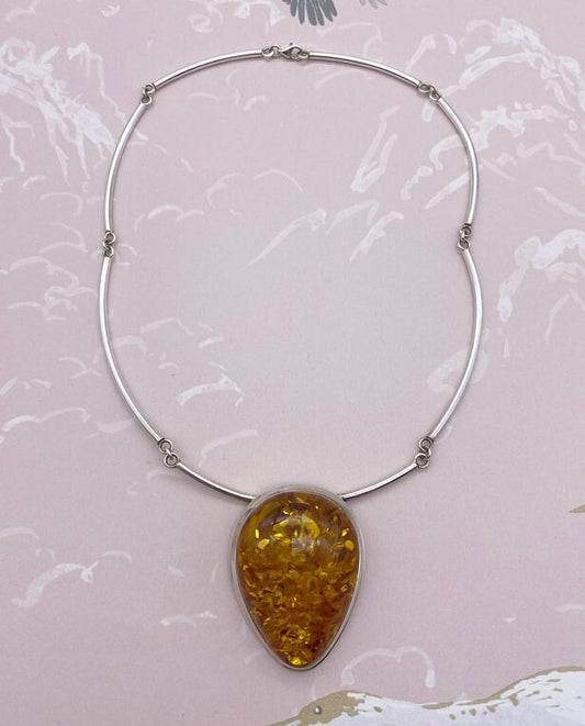 Vintage Baltic amber sterling silver statement necklace