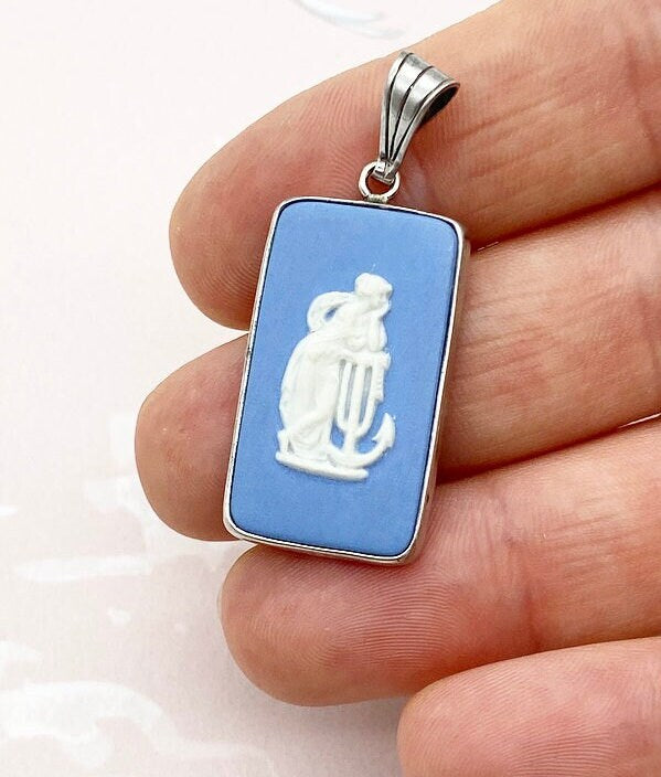 Vintage sterling silver rectangle Wedgwood blue jasper ware pendant