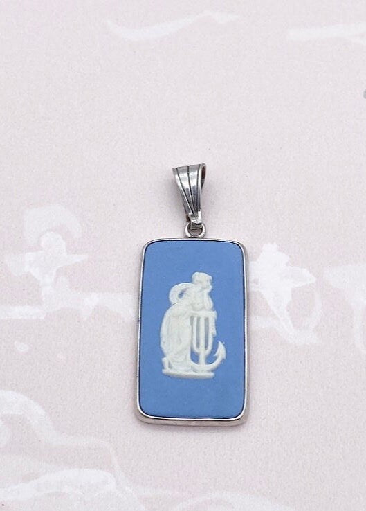 Vintage sterling silver rectangle Wedgwood blue jasper ware pendant