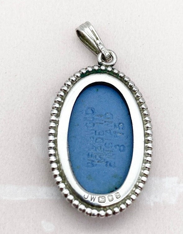 Vintage Wedgwood Jasperware oval blue cameo pendant sterling silver