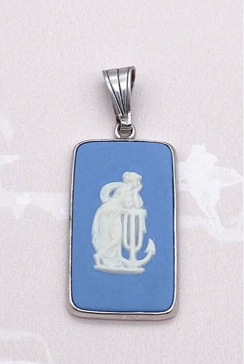 Vintage sterling silver rectangle Wedgwood blue jasper ware pendant