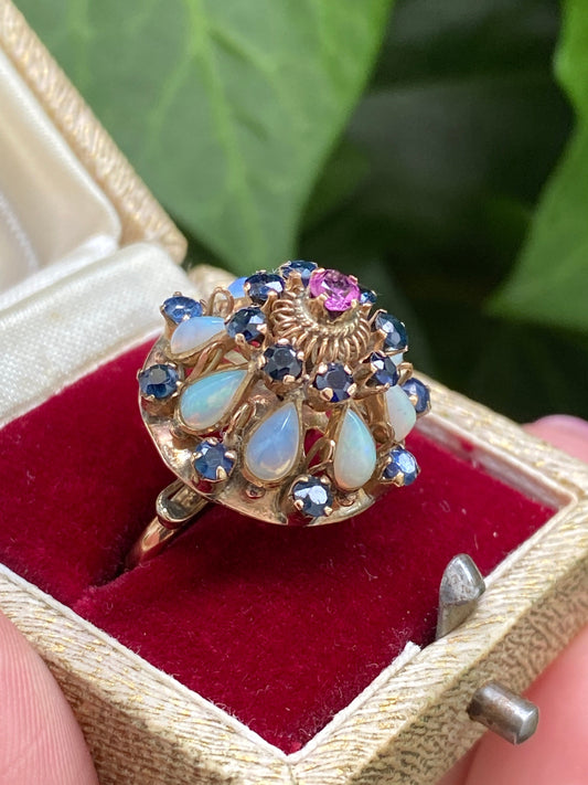 Vintage 14ct gold harem ring, multi stone sapphire garnet opal ring size N 1/2 7