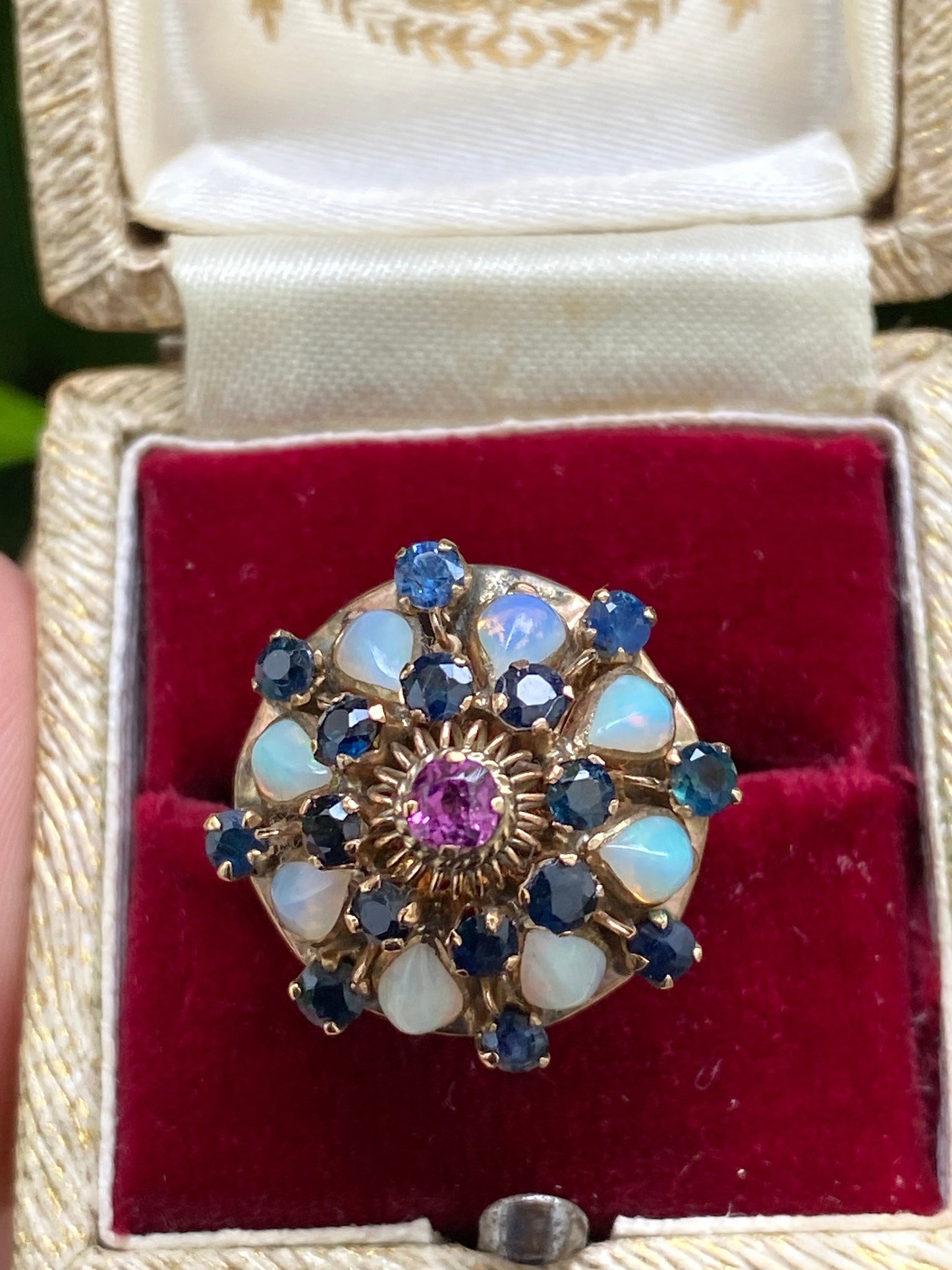 Vintage 14ct gold harem ring, multi stone sapphire garnet opal ring size N 1/2 7