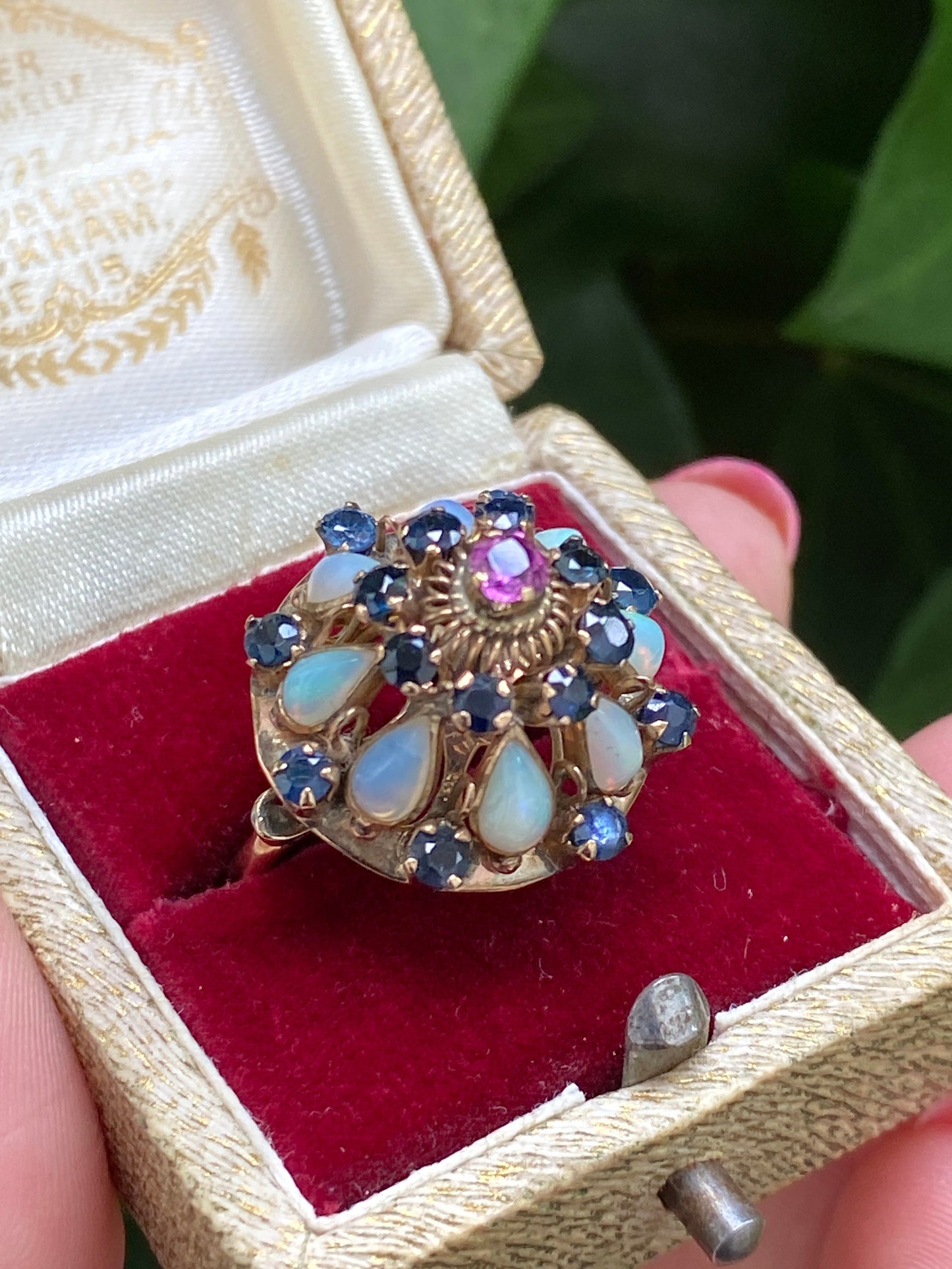 Vintage 14ct gold harem ring, multi stone sapphire garnet opal ring size N 1/2 7