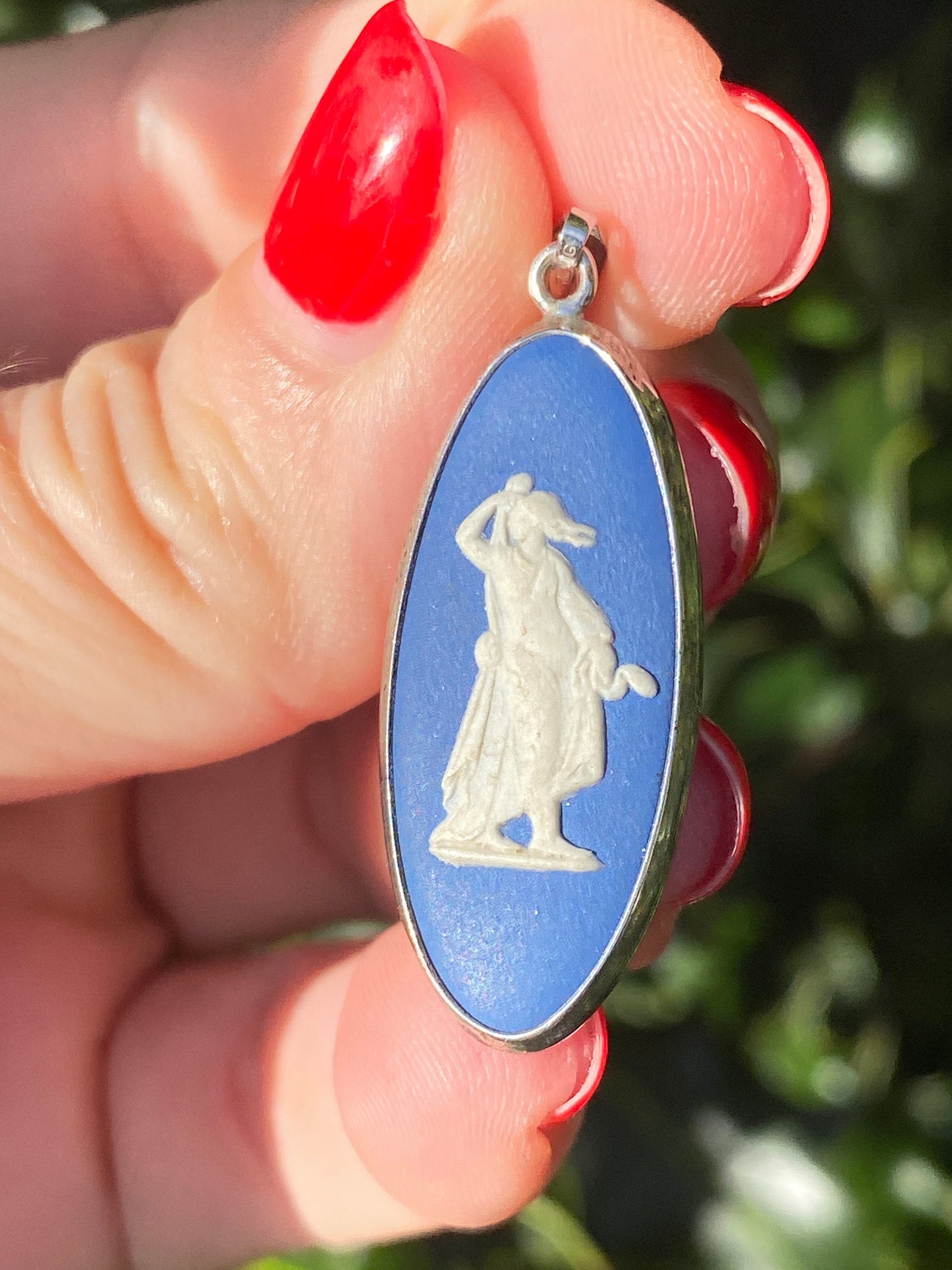 Vintage Wedgwood blue jasper ware silver pendant, oval cameo pendant