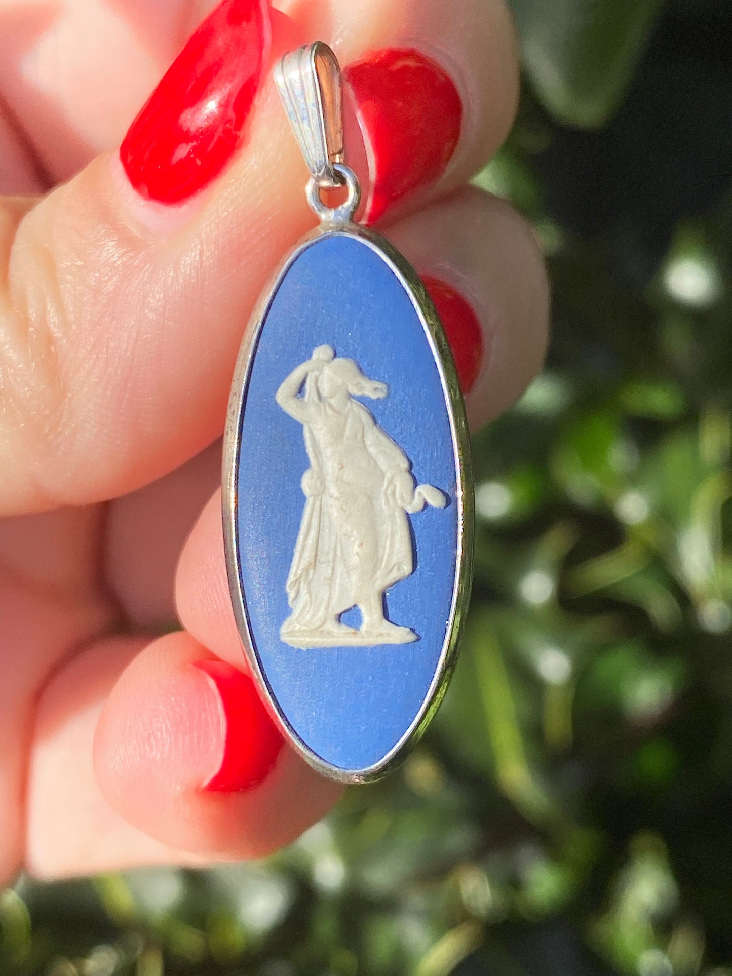 Vintage Wedgwood blue jasper ware silver pendant, oval cameo pendant