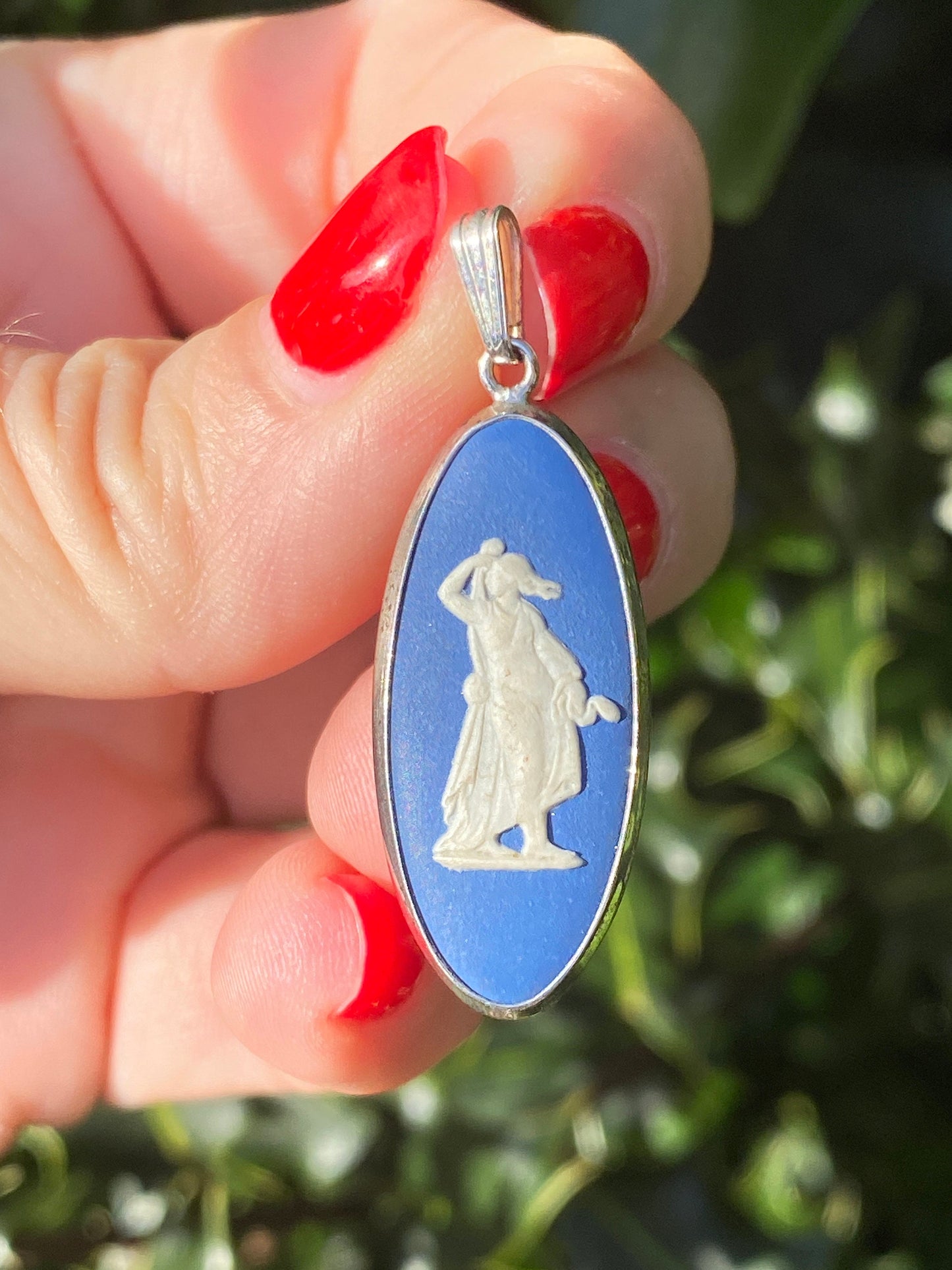 Vintage Wedgwood blue jasper ware silver pendant, oval cameo pendant