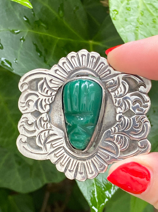 Mexican sterling silver brooch, Aztec green brooch